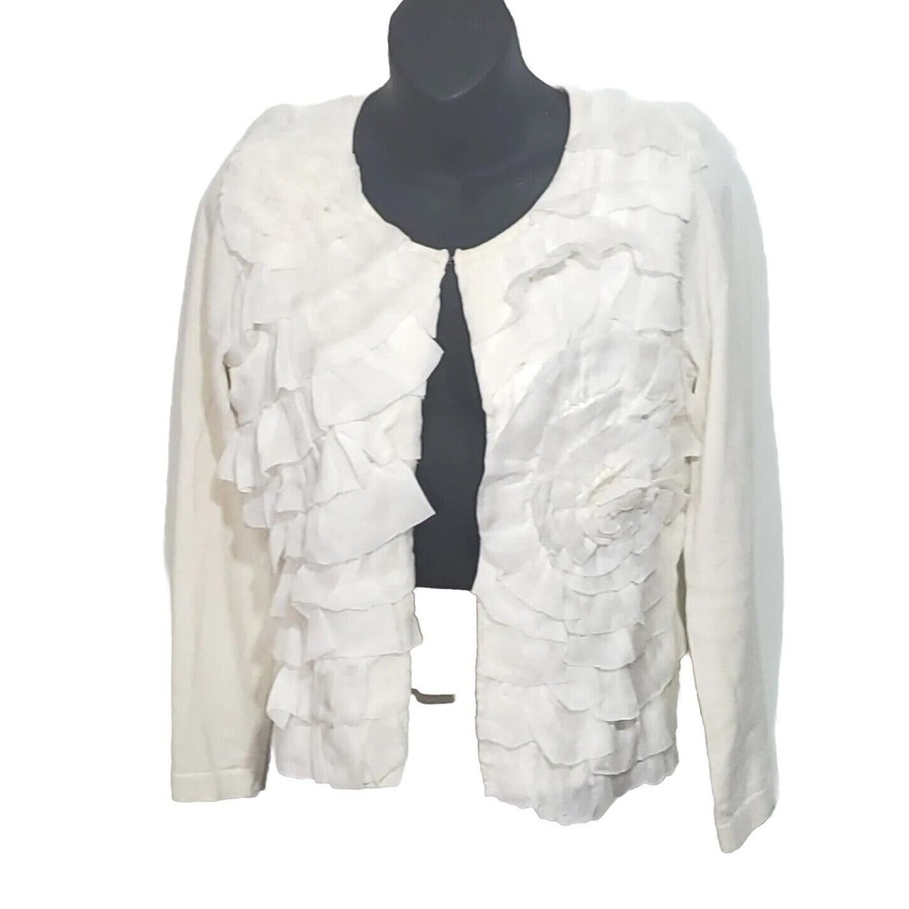 Michael Simon PS Silk Rosettes Open Front Hook Eye Close Ivory Cardigan Sweater
